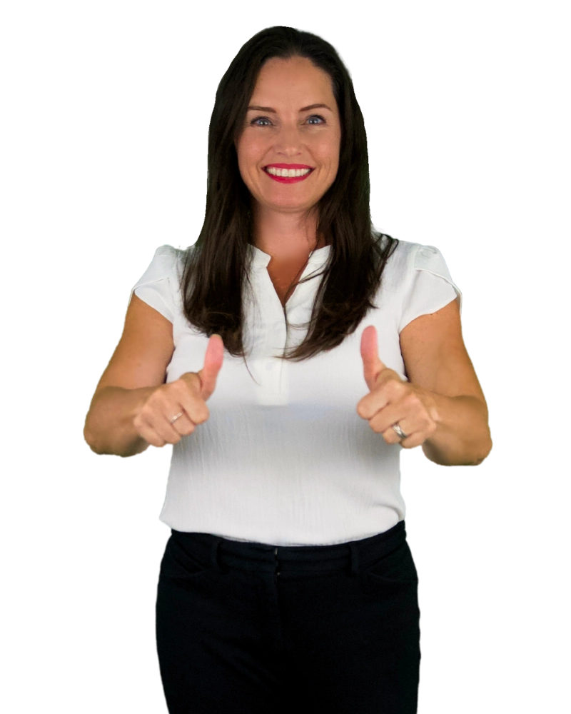 Castilia Cava, owner of Casti Buys Houses, giving a thumbs-up, showcasing how homeowners can discover the value of their home and receive a cash offer based on the after repair market value.
