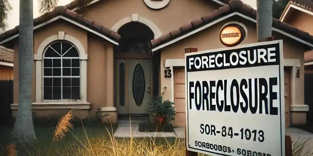 A distressed Florida home with a visible foreclosure sign in the front yard, overgrown grass, and palm trees around, symbolizing the Florida setting and the gravity of the foreclosure situation.