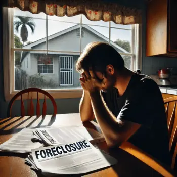 A distressed homeowner sitting at a kitchen table with foreclosure papers in front of them, showing signs of financial stress with sunlight shining through the window and palm trees outside.