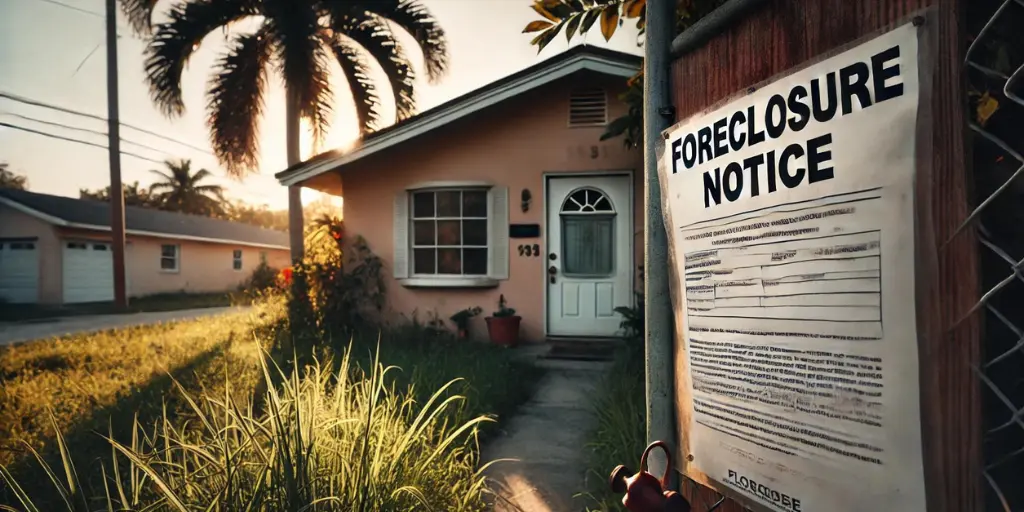 A distressed Florida home with overgrown grass and a clearly visible foreclosure notice posted on the front door, with palm trees in the background, symbolizing the Florida setting and the seriousness of foreclosure.