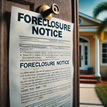 Foreclosure Notice on Florida Home A close-up image of a foreclosure notice pinned to the front door of a Florida home, with palm trees in the background, indicating a serious legal notice.